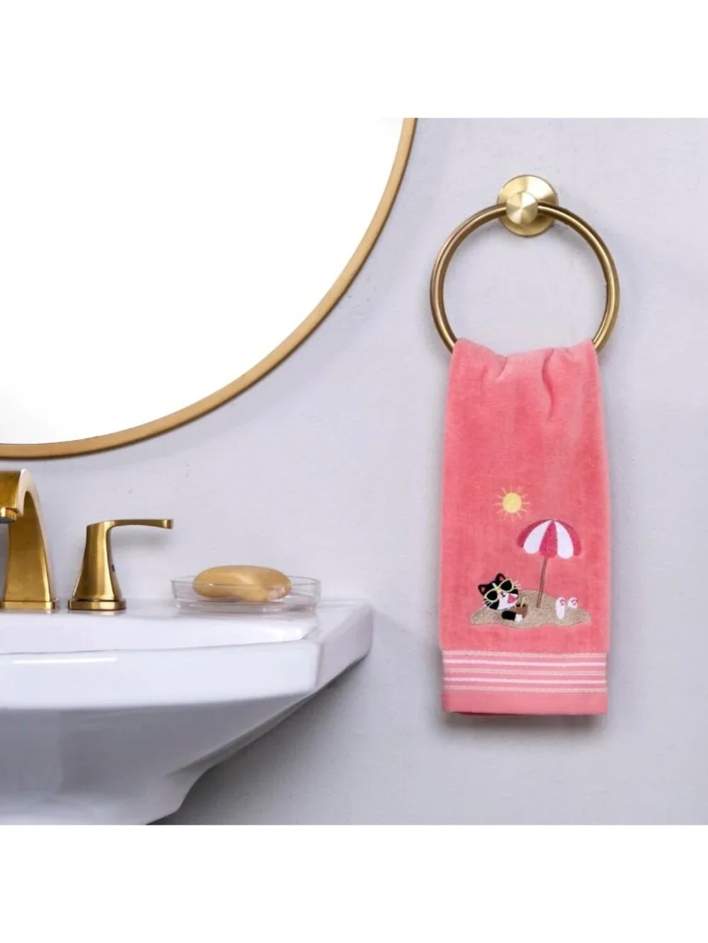 Coral Pink Cat Hand Towel Set - 2pc for Bath, Kitchen & Bar - Perfect Gift!